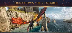 A red dragon swooping over sea cliffs toward a castle, captioned hunt down your enemies