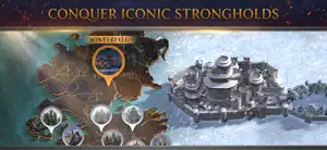 A map of the North with Winterfell marked beside the snowbound stronghold, captioned conquer iconic strongholds