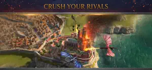 A dragon burning a walled city by the sea, captioned crush your rivals