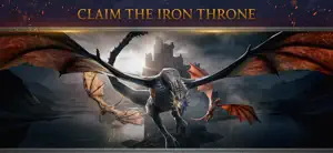 A black dragon spreading its wings before a ruined throne room, captioned claim the Iron Throne