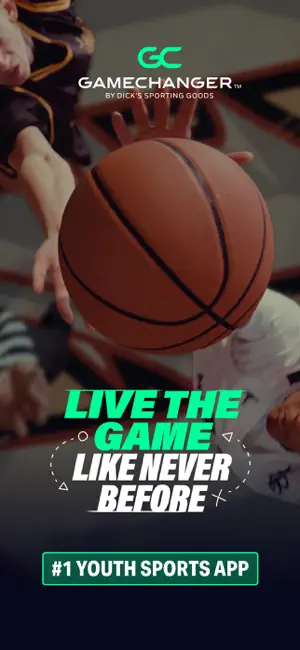Splash screen with the GameChanger by DICK'S Sporting Goods logo over a youth basketball tip-off and a #1 youth sports app badge