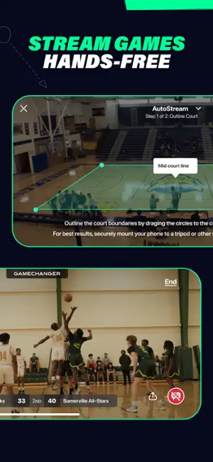 AutoStream setup asking the streamer to outline the court, above a live basketball stream with a 33–40 scoreboard overlay