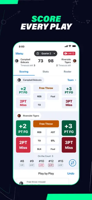 Basketball scorekeeping screen with +2, +3, free throw, rebound and foul buttons for both teams in the second quarter at 73–98