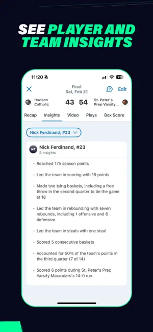 Insights tab for player #23 after a 43–54 final, listing eight game insights such as 16 points and seven rebounds