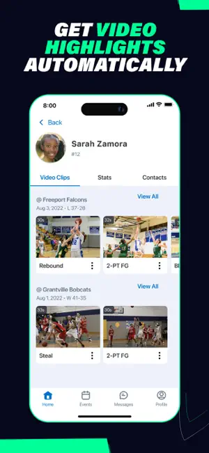 Player profile with automatic video clips grouped by game, including rebound, steal and 2-point field goal clips
