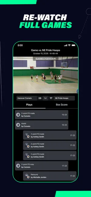 Archived full-game video of a 23–17 first quarter with a play-by-play list of field goals, assists and rebounds