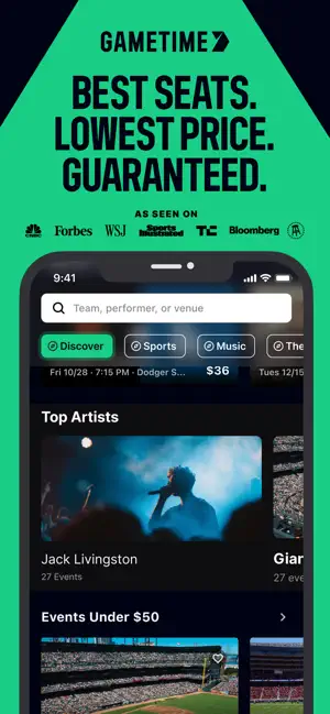 Gametime home screen with a team and venue search bar, Discover, Sports and Music tabs, Top Artists and an Events Under $50 row