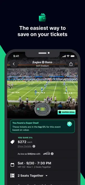 Eagles at Rams listing at SoFi Stadium flagged Super Deal, in the top 5% for value, at $272 per seat with an Affirm monthly option