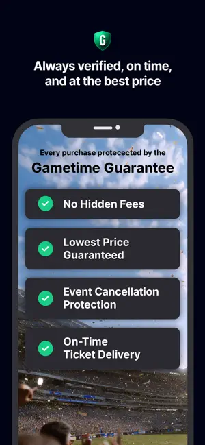 Gametime Guarantee checklist: No Hidden Fees, Lowest Price Guaranteed, Event Cancellation Protection and On-Time Ticket Delivery