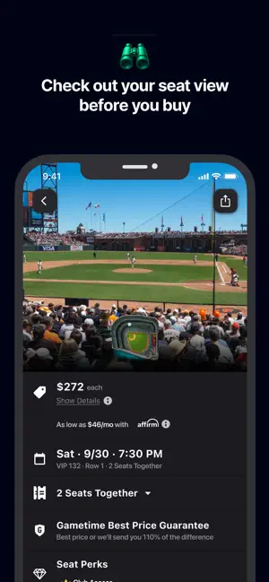 Seat-view photo from section VIP 132 at a ballpark, with the 110% Best Price Guarantee line under the $272 price