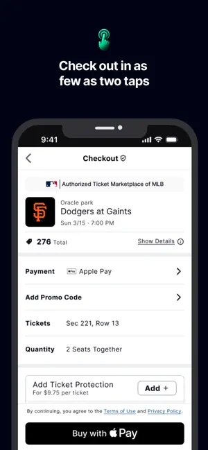 Checkout for Dodgers at Giants with a $276 total, an optional $9.75-per-ticket protection add-on and an Apple Pay button