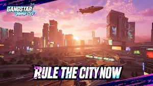 Neon skyline of Mirage City at sunset with a helicopter overhead