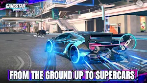 Supercar with glowing blue wheels drifting past a night-time garage