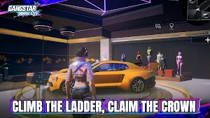 Player beside a yellow sports car in a garage lounge with other crew members