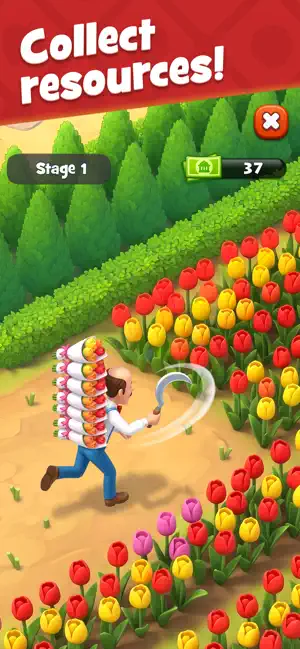 Tulip field being harvested with a resource counter above