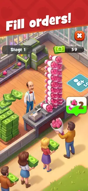 Shop stage with customers queuing to buy bouquets