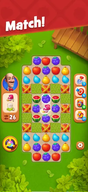 Match-three board of fruit with twenty-six moves left