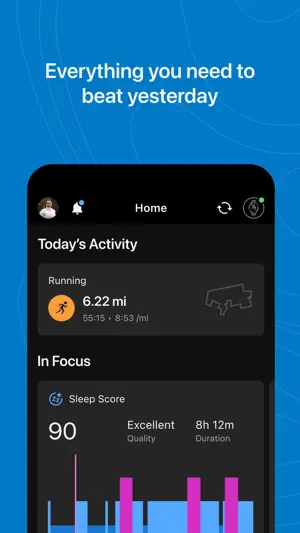 Home screen with a 6.22-mile run and a sleep score of 90