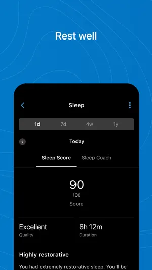 Sleep detail showing a score of 90 over 8 hours 12 minutes