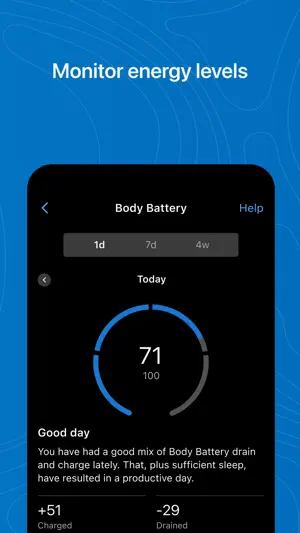 Body Battery gauge at 71 with charged and drained totals