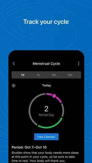 Menstrual cycle tracker showing period day two with a calendar link