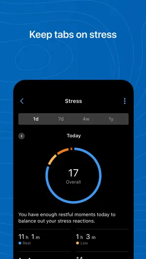 Stress screen with an overall score of 17 and restful minutes