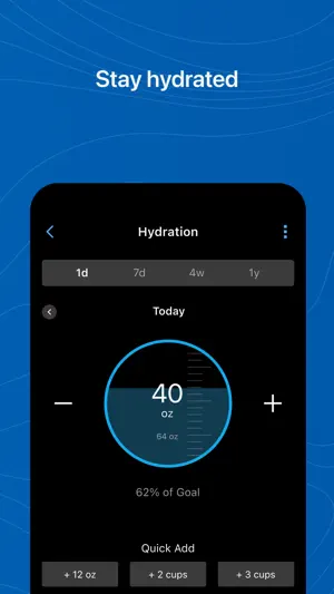 Hydration tracker at 40 ounces against a 64-ounce goal