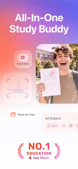 Gauth promo screen titled All-In-One Study Buddy with Snap & Solve, Step-by-step and All Subject tiles beside a student holding an A+ paper