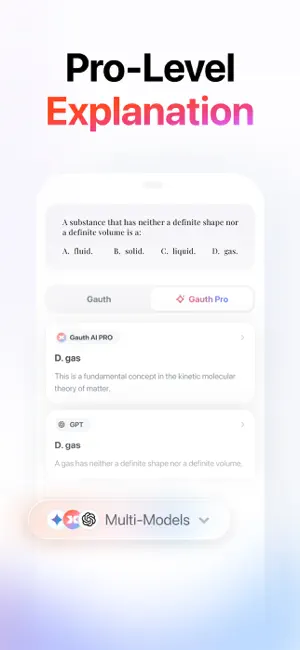 Pro-Level Explanation screen comparing Gauth and Gauth Pro answers to a states-of-matter question, with Gauth AI PRO and GPT both choosing D. gas