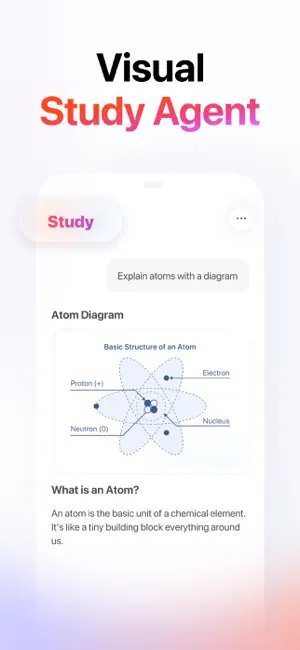 Visual Study Agent chat answering a request to explain atoms with a labeled diagram of protons, neutrons, electrons and the nucleus