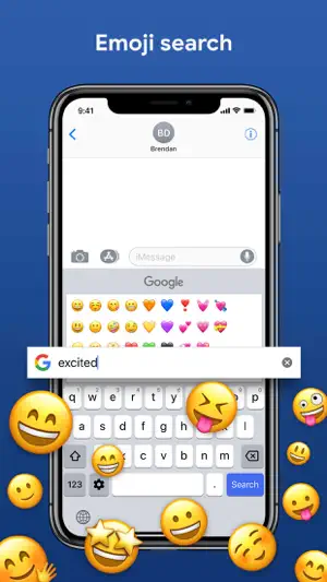 Gboard emoji search on iPhone with "excited" typed in the Google bar above an emoji grid in iMessage