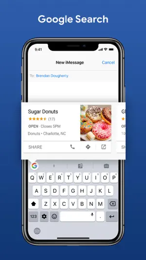 Google Search card for Sugar Donuts in Charlotte, NC, opened from the Gboard toolbar in a new iMessage