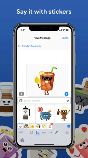 Gboard sticker panel on iPhone with sticker search and a cartoon iced-tea sticker ready to send