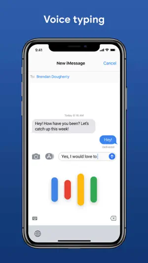 Gboard voice typing on iPhone, with Google's four coloured bars listening while a reply is dictated