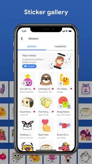 Gboard sticker gallery on iPhone with Browse and Favorites tabs, a Your minis banner and artist sticker packs