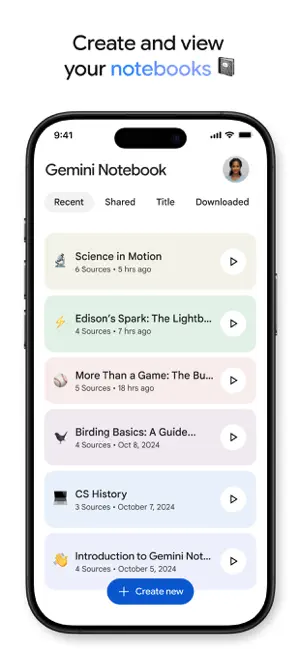 iPhone notebook list with Recent, Shared, Title and Downloaded tabs, notebooks such as Science in Motion showing source counts, and a Create new button