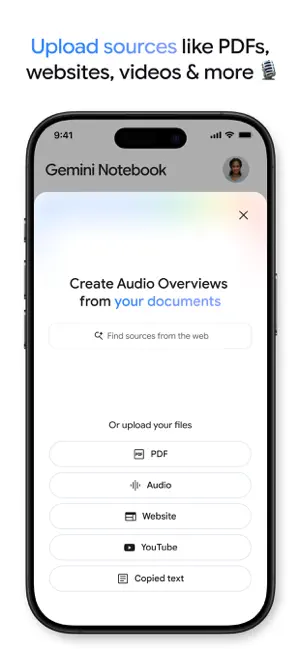Add-sources sheet offering PDF, Audio, Website, YouTube and Copied text, above a box for finding sources from the web