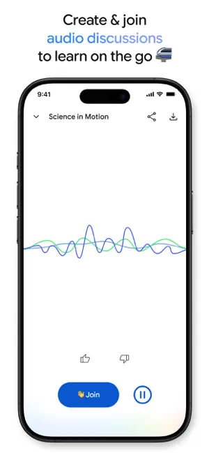 Audio Overview player for the Science in Motion notebook with a waveform, a Join button, and download and share icons