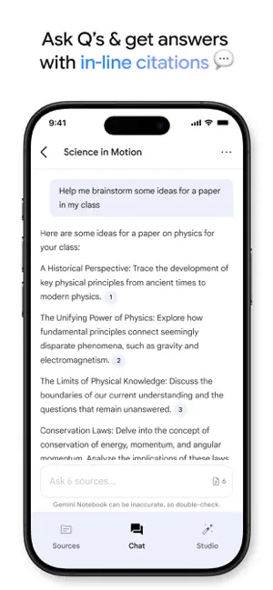 Chat tab answering a request for physics paper ideas, with numbered in-line citations and Sources, Chat and Studio tabs under the prompt box