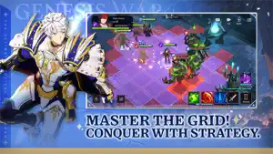 A grid battle with allied heroes advancing on red-lit enemy squares — Master the Grid
