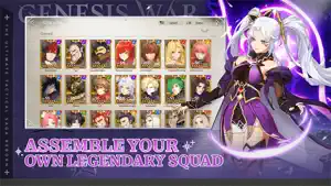 Hero roster grid beside a purple-haired mage in violet armour — Assemble Your Own Legendary Squad