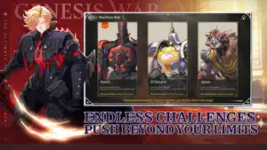Machina War screen with three mech bosses and a red-haired swordsman — Endless Challenges
