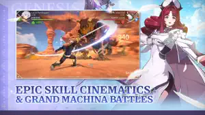 A swordsman's skill cinematic mid-slash beside a red-haired heroine — Epic Skill Cinematics