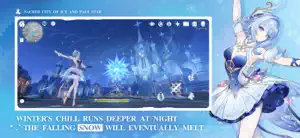 Frozen city at night under falling snow