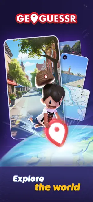 GeoGuessr logo above a Street View street, with a cartoon avatar riding a red map pin past map cards