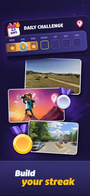 Daily Challenge calendar showing a 23-day streak, medals for Monday to Wednesday and two Street View scenes