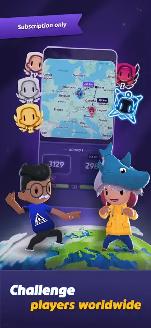 Duels round on a map of central Europe with 248 km and 332 km guess lines, labelled subscription only