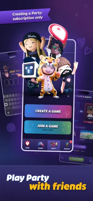 Party screen with Create a Game and Join a Game buttons; creating a party is labelled subscription only