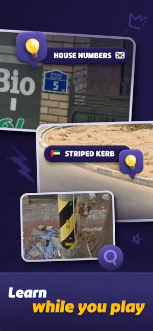 Clue cards for Korean house numbers and an Emirati striped kerb under a Learn while you play banner