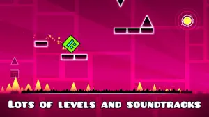 Pink level with the cube jumping a row of spikes above a saw